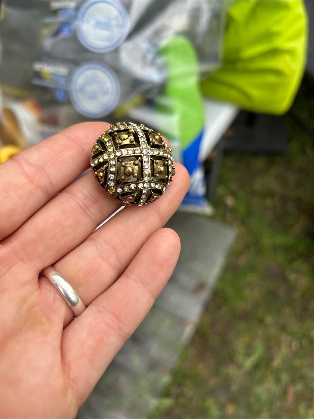 Antique-Style Dome Button Brooch in Gold with Clear Crystals